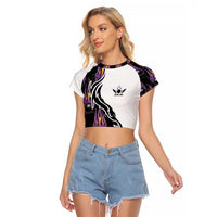 Custom Bowling Team Graphic Raglan Cropped T Shirt with Flaming Ball Design in Black White and Purple Flame Pattern - Wonder Print Shop
