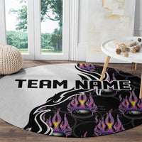 Custom Bowling Team Graphic Round Carpet with Flaming Ball Design in Black White and Purple Flame Pattern - Wonder Print Shop