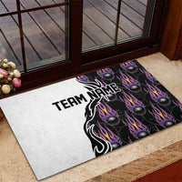 Custom Bowling Team Graphic Rubber Doormat with Flaming Ball Design in Black White and Purple Flame Pattern - Wonder Print Shop