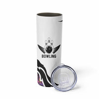 Custom Bowling Team Graphic Skinny Tumbler with Flaming Ball Design in Black White and Purple Flame Pattern - Wonder Print Shop