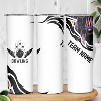 Custom Bowling Team Graphic Skinny Tumbler with Flaming Ball Design in Black White and Purple Flame Pattern - Wonder Print Shop