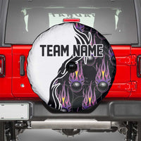 Custom Bowling Team Graphic Spare Tire Cover with Flaming Ball Design in Black White and Purple Flame Pattern - Wonder Print Shop