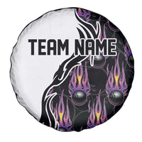 Custom Bowling Team Graphic Spare Tire Cover with Flaming Ball Design in Black White and Purple Flame Pattern - Wonder Print Shop