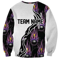 Custom Bowling Team Graphic Sweatshirt with Flaming Ball Design in Black White and Purple Flame Pattern - Wonder Print Shop
