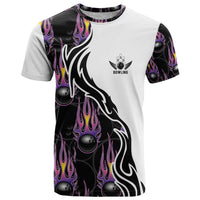 Custom Bowling Team Graphic T Shirt with Flaming Ball Design in Black White and Purple Flame Pattern - Wonder Print Shop