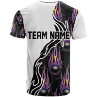 Custom Bowling Team Graphic T Shirt with Flaming Ball Design in Black White and Purple Flame Pattern - Wonder Print Shop