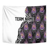 Custom Bowling Team Graphic Tapestry with Flaming Ball Design in Black White and Purple Flame Pattern - Wonder Print Shop