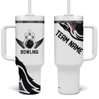 Custom Bowling Team Graphic Tumbler With Handle with Flaming Ball Design in Black White and Purple Flame Pattern - Wonder Print Shop