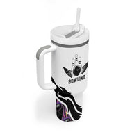 Custom Bowling Team Graphic Tumbler With Handle with Flaming Ball Design in Black White and Purple Flame Pattern - Wonder Print Shop