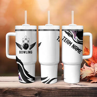 Custom Bowling Team Graphic Tumbler With Handle with Flaming Ball Design in Black White and Purple Flame Pattern - Wonder Print Shop