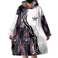 Custom Bowling Team Graphic Wearable Blanket Hoodie with Flaming Ball Design in Black White and Purple Flame Pattern - Wonder Print Shop