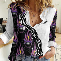 Custom Bowling Team Graphic Women Casual Shirt with Flaming Ball Design in Black White and Purple Flame Pattern - Wonder Print Shop