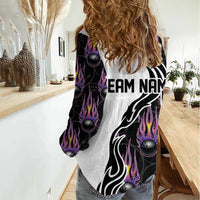 Custom Bowling Team Graphic Women Casual Shirt with Flaming Ball Design in Black White and Purple Flame Pattern - Wonder Print Shop