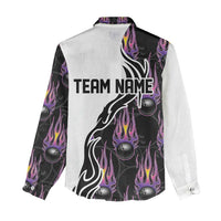 Custom Bowling Team Graphic Women Casual Shirt with Flaming Ball Design in Black White and Purple Flame Pattern - Wonder Print Shop