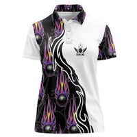 Custom Bowling Team Graphic Women Polo Shirt with Flaming Ball Design in Black White and Purple Flame Pattern - Wonder Print Shop