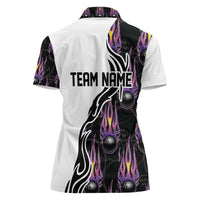 Custom Bowling Team Graphic Women Polo Shirt with Flaming Ball Design in Black White and Purple Flame Pattern - Wonder Print Shop