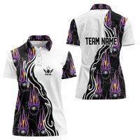 Custom Bowling Team Graphic Women Polo Shirt with Flaming Ball Design in Black White and Purple Flame Pattern - Wonder Print Shop