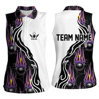 Custom Bowling Team Graphic Women Sleeveless Polo Shirt with Flaming Ball Design in Black White and Purple Flame Pattern - Wonder Print Shop