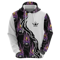 Custom Bowling Team Graphic Zip Hoodie with Flaming Ball Design in Black White and Purple Flame Pattern - Wonder Print Shop