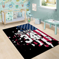 Personalized Dirt Bike Racing Area Rug Shattered American Flag and Race Checkered Patch Graphic in Red White and Blue - Wonder Print Shop