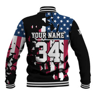 Personalized Dirt Bike Racing Baseball Jacket Shattered American Flag and Race Checkered Patch Graphic in Red White and Blue - Wonder Print Shop