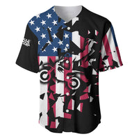 Personalized Dirt Bike Racing Baseball Jersey Shattered American Flag and Race Checkered Patch Graphic in Red White and Blue - Wonder Print Shop