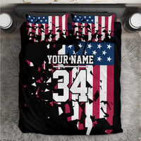 Personalized Dirt Bike Racing Bedding Set Shattered American Flag and Race Checkered Patch Graphic in Red White and Blue - Wonder Print Shop