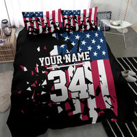 Personalized Dirt Bike Racing Bedding Set Shattered American Flag and Race Checkered Patch Graphic in Red White and Blue - Wonder Print Shop