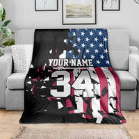Personalized Dirt Bike Racing Blanket Shattered American Flag and Race Checkered Patch Graphic in Red White and Blue - Wonder Print Shop