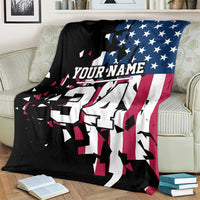 Personalized Dirt Bike Racing Blanket Shattered American Flag and Race Checkered Patch Graphic in Red White and Blue - Wonder Print Shop