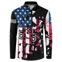Personalized Dirt Bike Racing Button Sweatshirt Shattered American Flag and Race Checkered Patch Graphic in Red White and Blue - Wonder Print Shop
