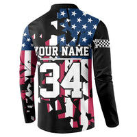 Personalized Dirt Bike Racing Button Sweatshirt Shattered American Flag and Race Checkered Patch Graphic in Red White and Blue - Wonder Print Shop