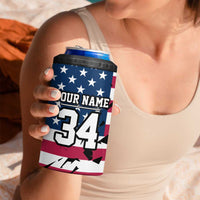 Personalized Dirt Bike Racing 4 in 1 Can Cooler Tumbler Shattered American Flag and Race Checkered Patch Graphic in Red White and Blue - Wonder Print Shop
