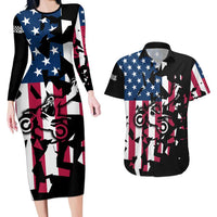 Personalized Dirt Bike Racing Couples Matching Long Sleeve Bodycon Dress and Hawaiian Shirt Shattered American Flag and Race Checkered Patch Graphic in Red White and Blue - Wonder Print Shop
