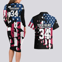 Personalized Dirt Bike Racing Couples Matching Long Sleeve Bodycon Dress and Hawaiian Shirt Shattered American Flag and Race Checkered Patch Graphic in Red White and Blue - Wonder Print Shop