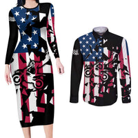 Personalized Dirt Bike Racing Couples Matching Long Sleeve Bodycon Dress and Long Sleeve Button Shirt Shattered American Flag and Race Checkered Patch Graphic in Red White and Blue - Wonder Print Shop
