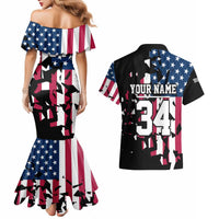 Personalized Dirt Bike Racing Couples Matching Mermaid Dress and Hawaiian Shirt Shattered American Flag and Race Checkered Patch Graphic in Red White and Blue - Wonder Print Shop