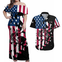 Personalized Dirt Bike Racing Couples Matching Off Shoulder Maxi Dress and Hawaiian Shirt Shattered American Flag and Race Checkered Patch Graphic in Red White and Blue - Wonder Print Shop