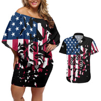 Personalized Dirt Bike Racing Couples Matching Off Shoulder Short Dress and Hawaiian Shirt Shattered American Flag and Race Checkered Patch Graphic in Red White and Blue - Wonder Print Shop