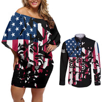 Personalized Dirt Bike Racing Couples Matching Off Shoulder Short Dress and Long Sleeve Button Shirt Shattered American Flag and Race Checkered Patch Graphic in Red White and Blue - Wonder Print Shop