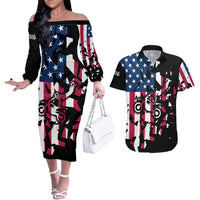 Personalized Dirt Bike Racing Couples Matching Off The Shoulder Long Sleeve Dress and Hawaiian Shirt Shattered American Flag and Race Checkered Patch Graphic in Red White and Blue - Wonder Print Shop