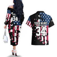 Personalized Dirt Bike Racing Couples Matching Off The Shoulder Long Sleeve Dress and Hawaiian Shirt Shattered American Flag and Race Checkered Patch Graphic in Red White and Blue - Wonder Print Shop
