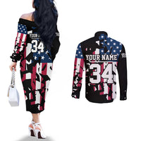 Personalized Dirt Bike Racing Couples Matching Off The Shoulder Long Sleeve Dress and Long Sleeve Button Shirt Shattered American Flag and Race Checkered Patch Graphic in Red White and Blue - Wonder Print Shop