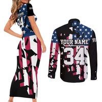 Personalized Dirt Bike Racing Couples Matching Short Sleeve Bodycon Dress and Long Sleeve Button Shirt Shattered American Flag and Race Checkered Patch Graphic in Red White and Blue - Wonder Print Shop