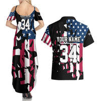 Personalized Dirt Bike Racing Couples Matching Summer Maxi Dress and Hawaiian Shirt Shattered American Flag and Race Checkered Patch Graphic in Red White and Blue - Wonder Print Shop