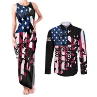 Personalized Dirt Bike Racing Couples Matching Tank Maxi Dress and Long Sleeve Button Shirt Shattered American Flag and Race Checkered Patch Graphic in Red White and Blue - Wonder Print Shop