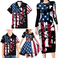 Personalized Dirt Bike Racing Family Matching Long Sleeve Bodycon Dress and Hawaiian Shirt Shattered American Flag and Race Checkered Patch Graphic in Red White and Blue - Wonder Print Shop