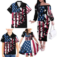 Personalized Dirt Bike Racing Family Matching Off The Shoulder Long Sleeve Dress and Hawaiian Shirt Shattered American Flag and Race Checkered Patch Graphic in Red White and Blue - Wonder Print Shop