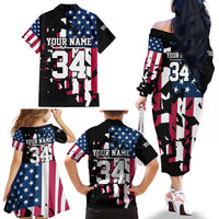 Personalized Dirt Bike Racing Family Matching Off The Shoulder Long Sleeve Dress and Hawaiian Shirt Shattered American Flag and Race Checkered Patch Graphic in Red White and Blue - Wonder Print Shop
