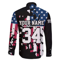 Personalized Dirt Bike Racing Family Matching Off The Shoulder Long Sleeve Dress and Hawaiian Shirt Shattered American Flag and Race Checkered Patch Graphic in Red White and Blue - Wonder Print Shop